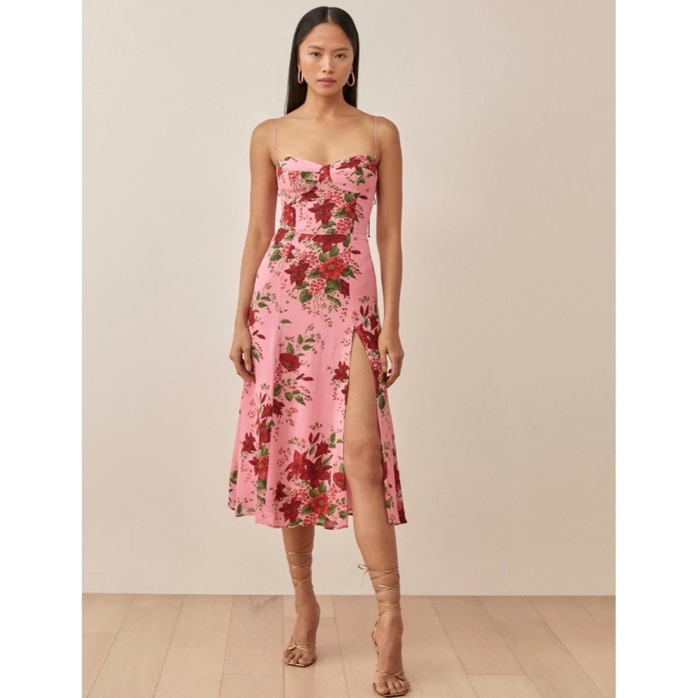 Reformation Juliette Pink Red Floral Midi Dress Wedding Euro Retro Boho 10